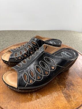 Moran Shoes Wm 39 Black Leather Open-Toe Slip-On Mules Sandals Anatomic Comfort